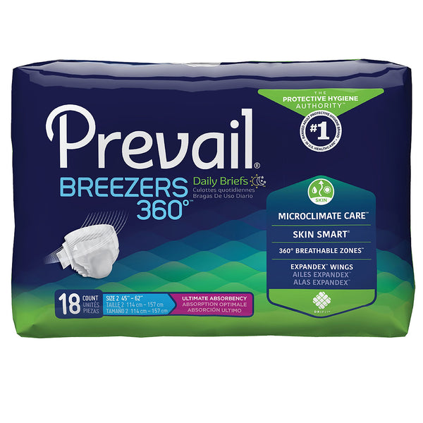 Prevail Unisex Breezers 360 Maximum Absorbency Incontinence Briefs, Size 2, 18 Count