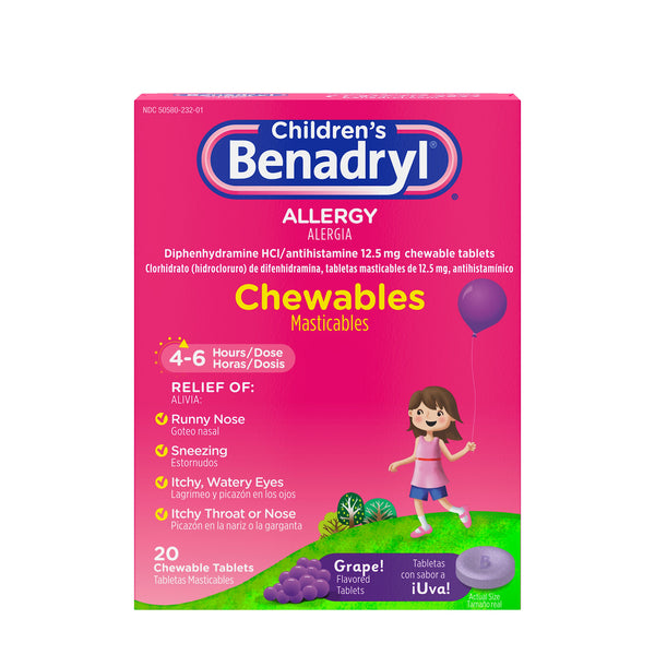 Children's Benadryl Allergy Chewable Tablets Grape Flavor 20 ct