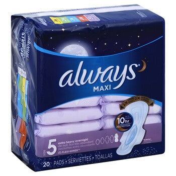  Always Maxi Feminine Pads For Women, Size 5 Extra Heavy  Overnight Absorbency, With Wings, Unscented, 20 Count : Health & Household