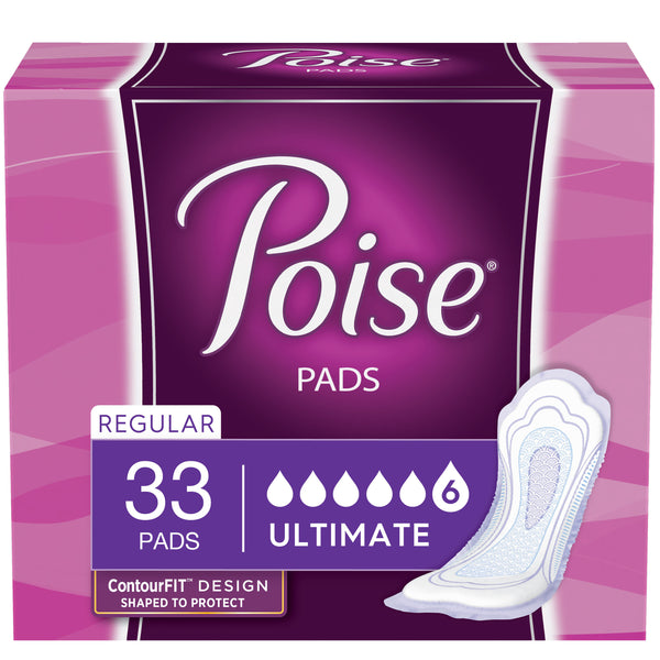 Poise Incontinence Pads for Women, Ultimate Absorbency, Regular Length, 33 Count