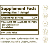 Solgar vitamina vegana D3 150mcg 6000iu Softgels 50CT