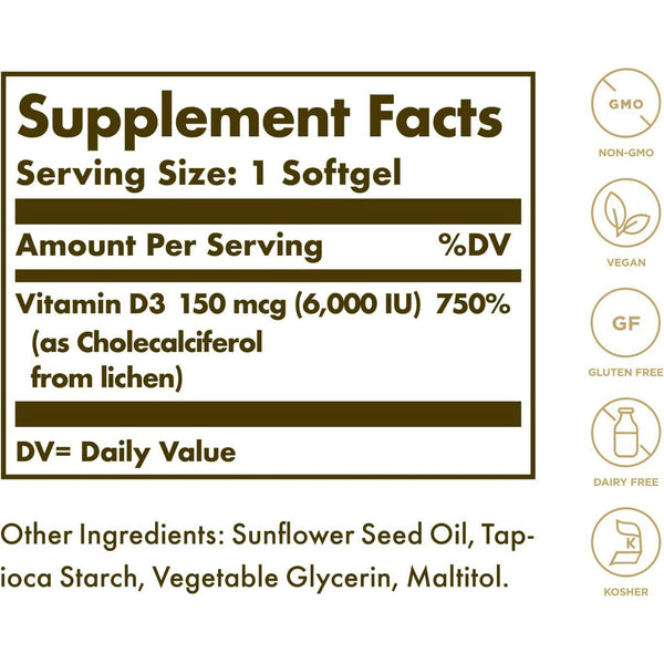 Solgar Vegan Vitamin D3 150mcg 6000Iu Softgels 50ct