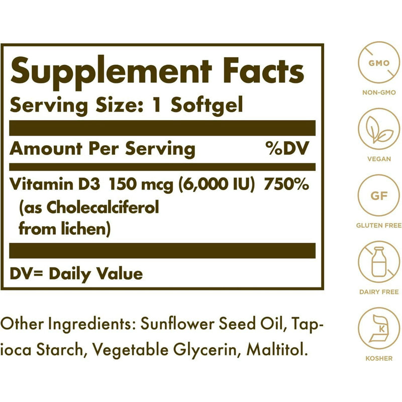 Solgar vitamina vegana D3 150mcg 6000iu Softgels 50CT