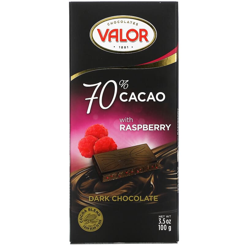 Valor Dark Chocolate 70% con fruta de frambuesa fruta de 3.5 oz