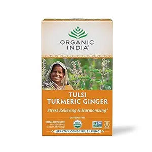 India orgánica Tulsi Bolsas de té de jengibre de cúrcuma 18ct