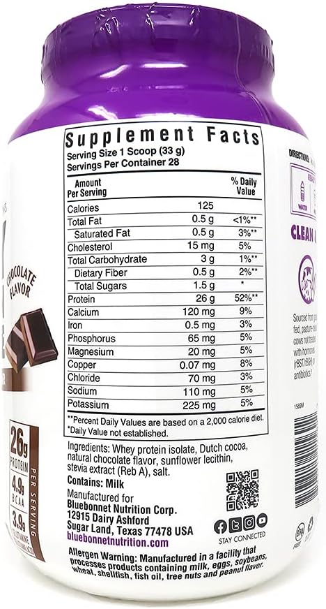 Bluebonnet Whey Protein Isolate Chocolate 1Lb