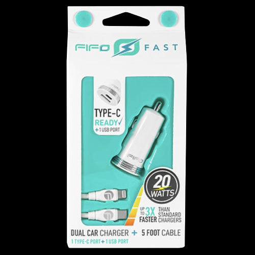 FIFO Dual Car Charger C a Lightning 5 pies - Puerto USB -C + 1 USB