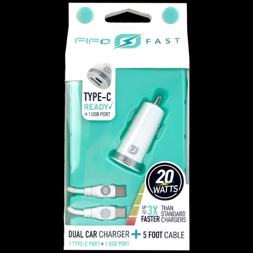 Fifo Dual Car Charger C to C Type 5 ft - USB-C Port + 1 USB
