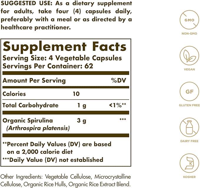 Solgar Spirulina 750mg Cápsulas de vegetales 250ct