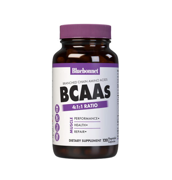 Bluebonnet Nutrition BCAAs 4:1:1 Ratio, Muscle Performance*, Muscle Health*, Muscle Repair*, Non-GMO, Vegan, Kosher Certified, Gluten-Free, Soy-Free, Dairy-Free, 120 Vegetable Capsules, 30 Servings