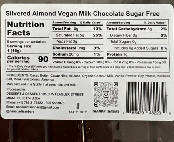 Nanao Sugar Free Slivered Almonds Milk Chocolate Bar 3.35oz