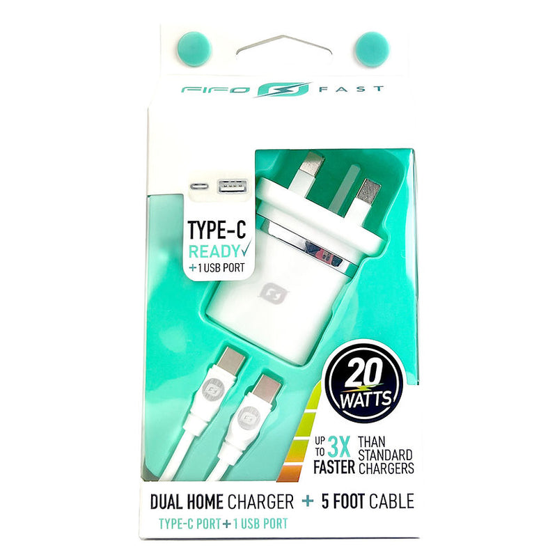 FIFO DUAL HOME CARGADOR TIPO C A C 5 FT 1 USB-C + 1 Puerto USB