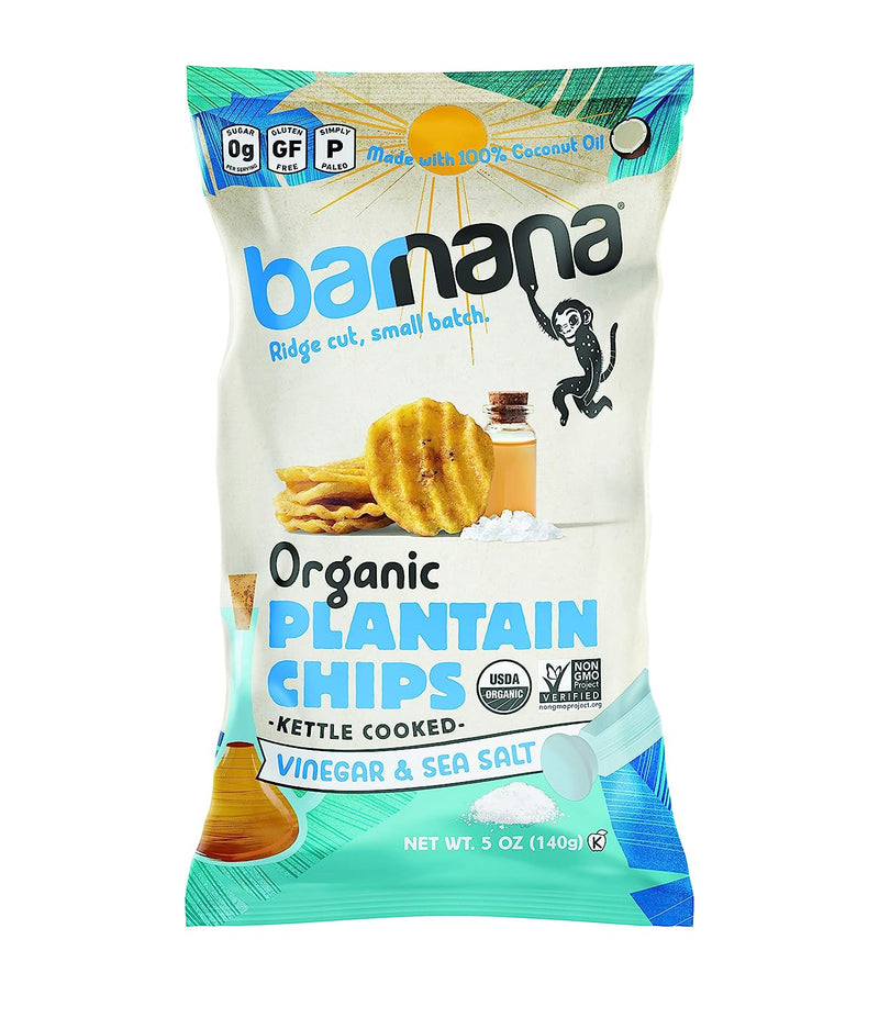 Chips de plátano orgánico Barnana, sales y vinagre paleo y chips de cresta vegana, bolsas de 5 onzas