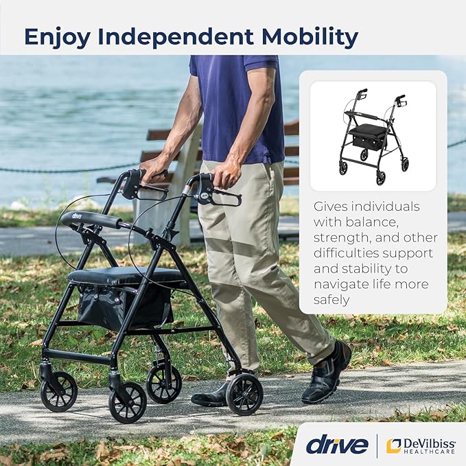 Drive Medical Rollator Rolling Walker with 6" Wheels, Fold Up Removable Back Support and Padded Seat