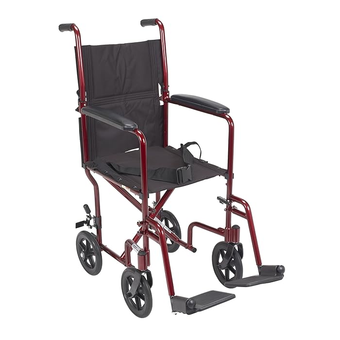 Drive Medical Lightweight Transport Wheelchair With Swing-Away Footrests Red