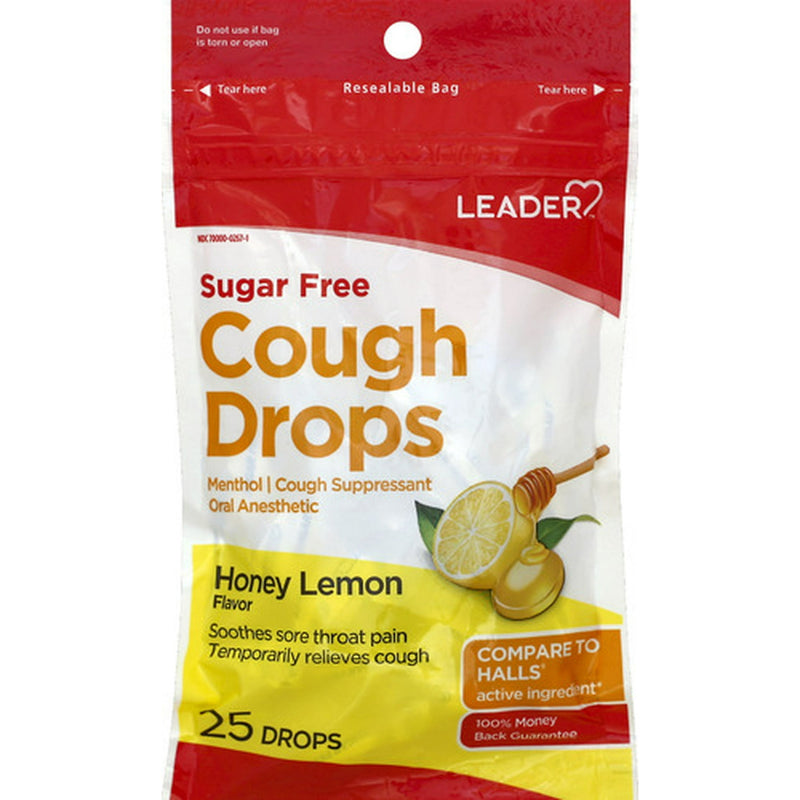 Leader Cough Drops Sugar Free Honey Lemon 25ct