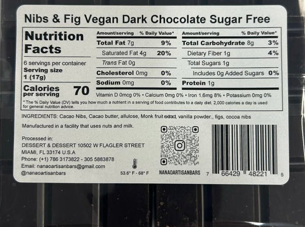 Nanao Sugar Free Nibs & Fig Vegan Dark Chocolate 3.35oz