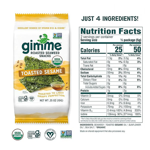 gimMe   - Organic Roasted Seaweed Sheets - Keto, Vegan, Gluten Free - Great Source of Iodine & Omega 3’s - Healthy On-The-Go Snack for Kids & Adults