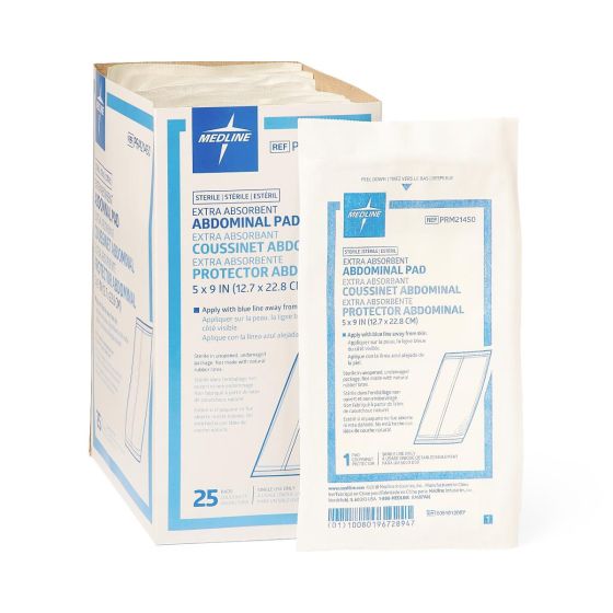 Almohadillas abdominales de cuidado de Medline 5 "x 9" 25ct PRM21450