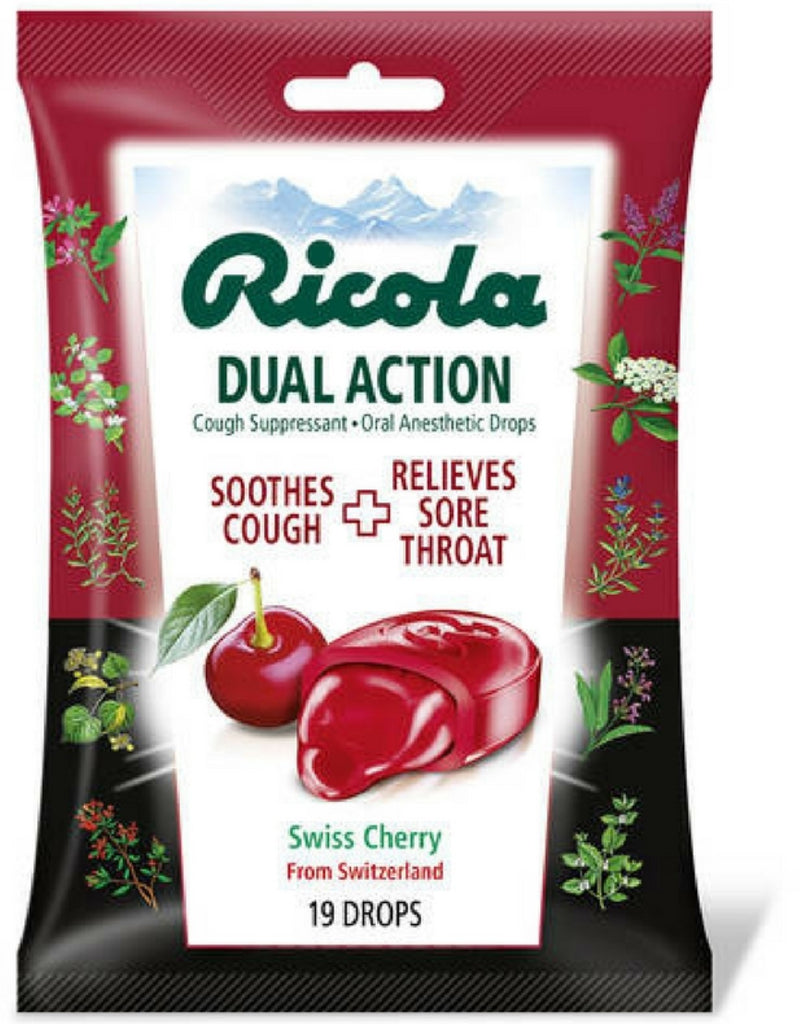 Ricola Dual Action Cough Suppressant Oral Anesthetic Drops, Swiss Cherry 19 ea