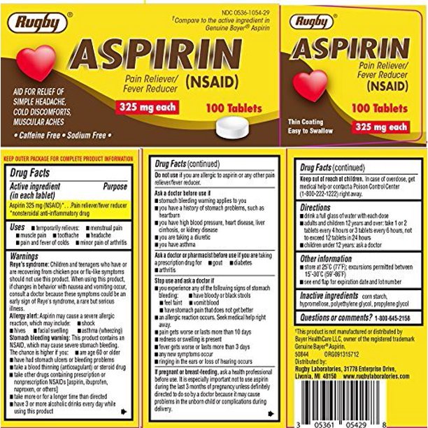Rugby Aspirin 325 mg 100 Tablets