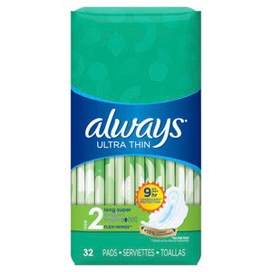 Always Ultra Thin Size 2 Super Pads With Wings Unscented, 32 Count