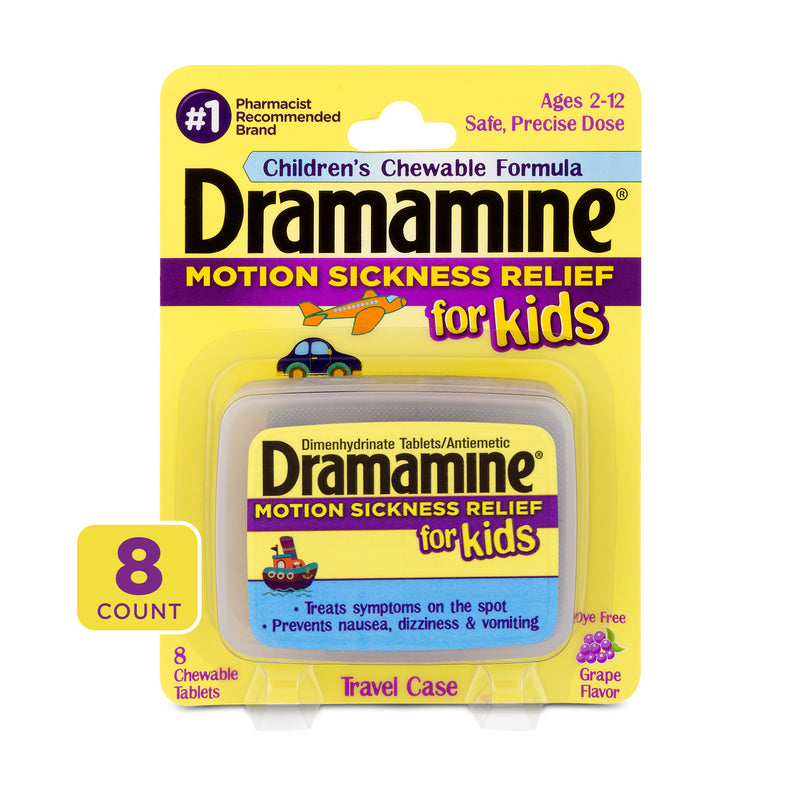 Dramamine Chewable Motion Sickness Relief for Kids, Grape, 8 Count
