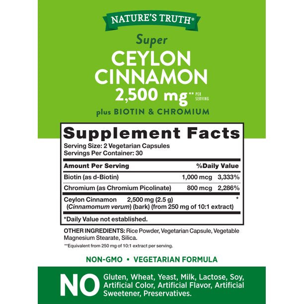 Nature's Truth Ceylon Cinnamon con biotina y cromo 60 cápsulas