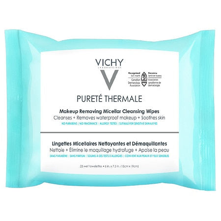 Vichy Purete Thermale 3-in-1 Micellar Cleansing Wipes, Waterproof Makeup Remover
