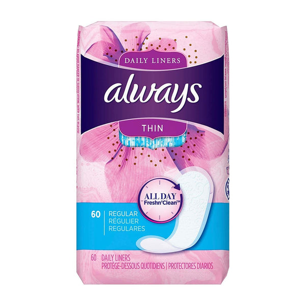 Always Thin Dailies Liners, Unscented, Wrapped, 60 Count