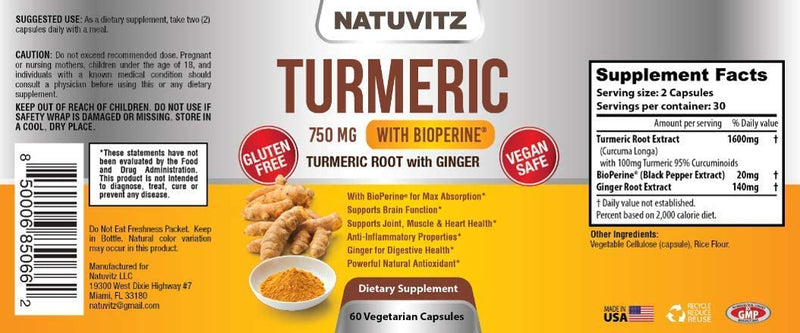 Natuvitz Turmeric 750mg With Bioperine Vegetarian Capsules