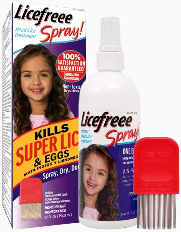 Licefreee Spray, Head Lice Treatment for Kids and Adults, Kils Super Lice and Egg, Includes Lice Comb, Family Size, 12 Fluid Ounces
