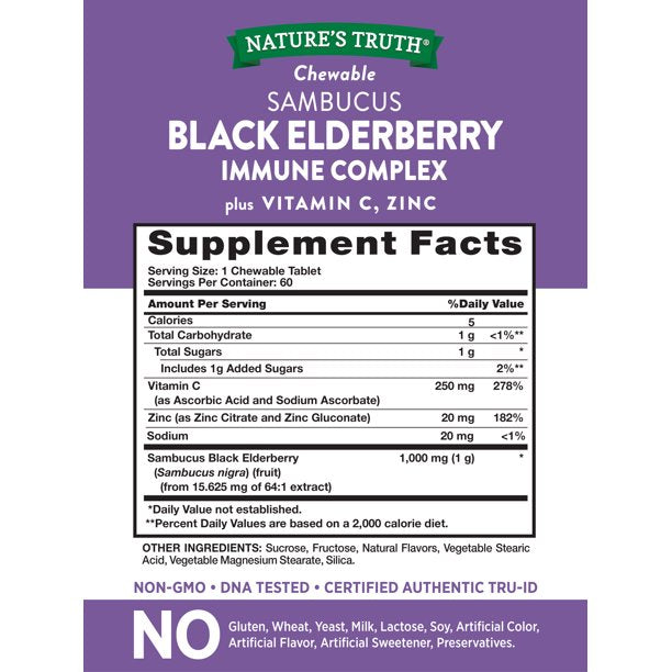 Nature's Truth Elderberry + Vitamina C Zinc Berry Natural 50 Tabletas masticables