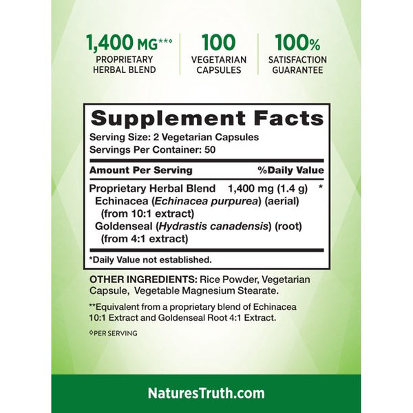 Nature's Truth Natural Whole Herb Echinacea & Goldenseal Root 100 Capsules