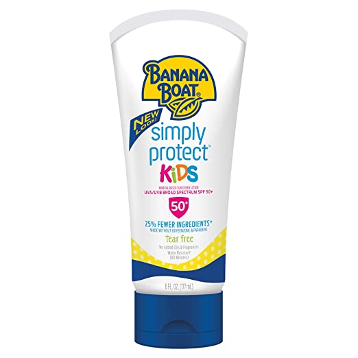 Banana Boat Simply Protect Mineral-Based Sunscreen Lotion for Kids, SPF 50+, Tear Free, 25% Fewer Ingredients, 6 Oz