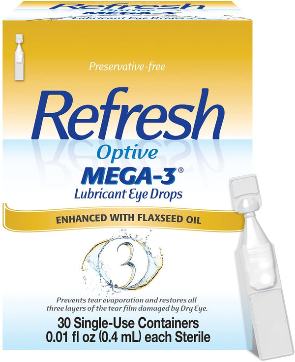 Refresh Optive Mega-3 Lubricant Eye Drops, 30 Single-Use Containers, 0.01 Fl Oz, 30 Count