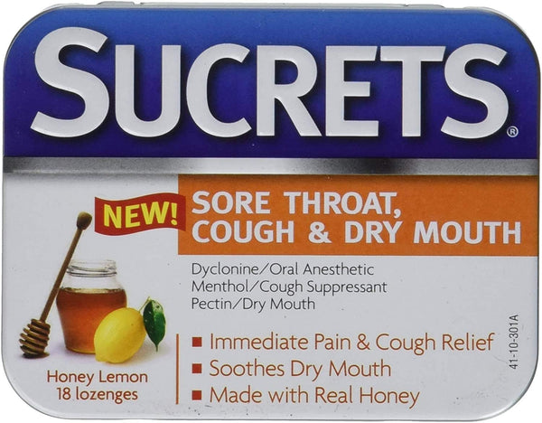 Sucrets Sore Throat & Cough Lozenges, Honey Lemon, 18 Count