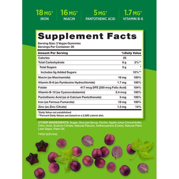 Nature's Truth Essential Iron + B-Vitamins Zinc Natural Grape 60 Vegan Gummies