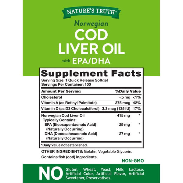 Nature's Truth Norwegian Cod Liver Oil with EPA/DHA 100 Softgels