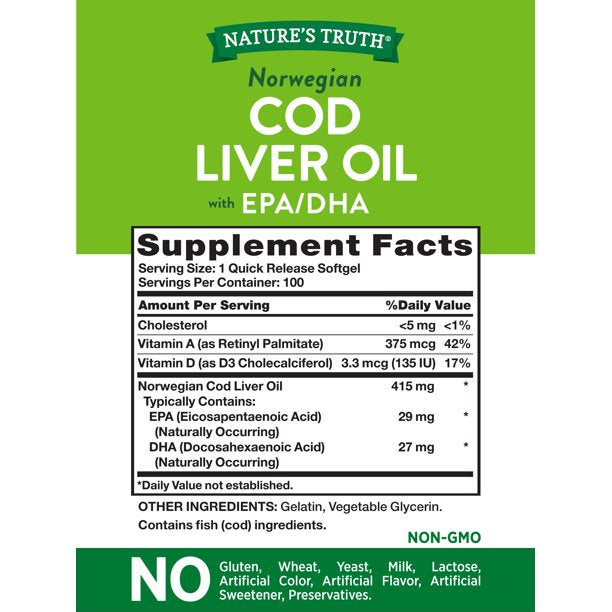 Nature's Truth Norwegian Cod Petróleo con EPA/DHA 100 Softgels