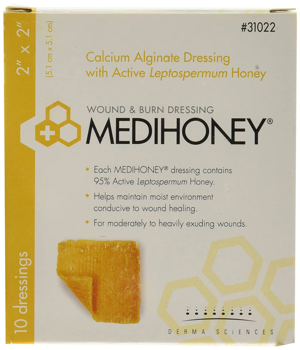 Derma Sciences 31022 Medihoney Calcium Alginate Dressing, 2" Width x 2" Length