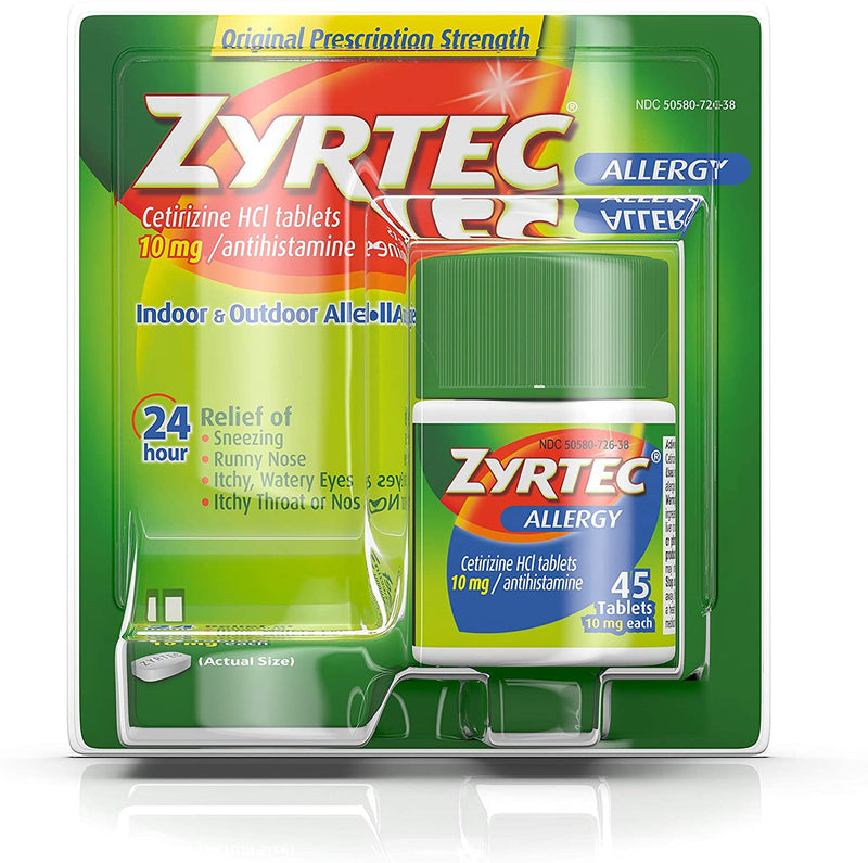 Zyrtec Tabletas de alivio de alergia de 24 horas, 10 mg de cetirizina HCl Antihistamine Allergy Medicine, 45 Ct