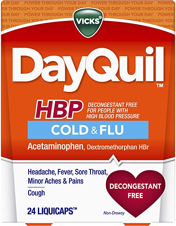 Vicks DayQuil, Cough, Cold & Flu Relief for High Blood Pressure, 24 LiquiCaps