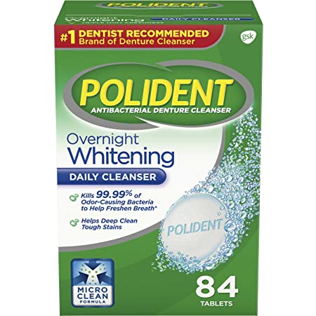 Polident Overnight Whitening, Antibacterial Denture Cleanser Triple Mint Freshness 84 tablets