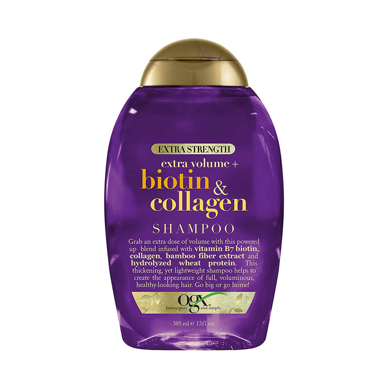 OGX grueso y completo + biotina y colágeno Shampoo volumizante de fuerza adicional con vitamina B7 y proteína de trigo hidrolizado para cabello fino. 13 oz