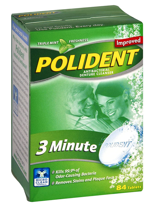 Polident 3 Minute, Antibacterial Denture Cleanser Triple Mint Freshness. 84 Tablets