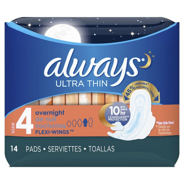 Always Ultra Thin Size 4 Overnight Pads With Wings Unscented, 14 Count