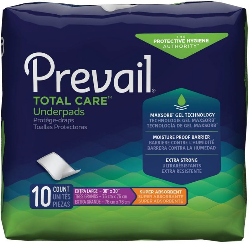 Prevail Total Care Underpads, Super Absorbent, Extra Large 30" X 30", 10 count