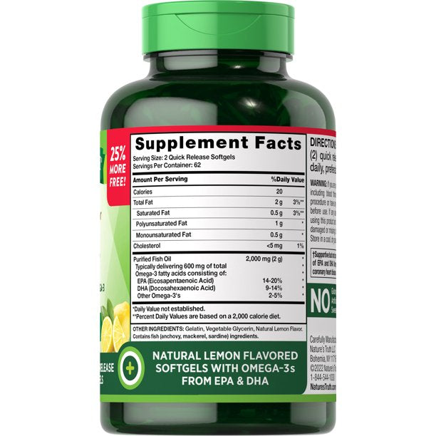 Nature's Truth Fish Oil 2,000mg con omega-3 Natural Lemon 125 Softgels