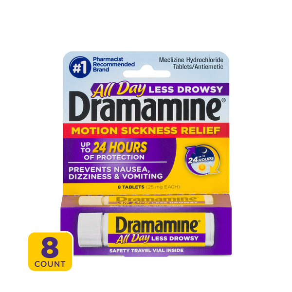Dramamine All Day Less Drowsy Motion Sickness Relief, 8 Count